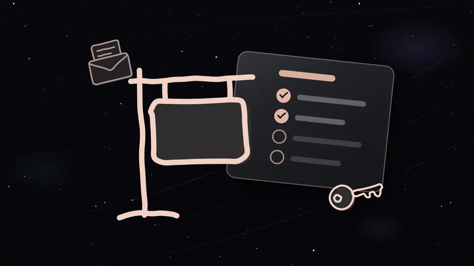 Blank yard sign, checklist, key and envelope under a starry sky.